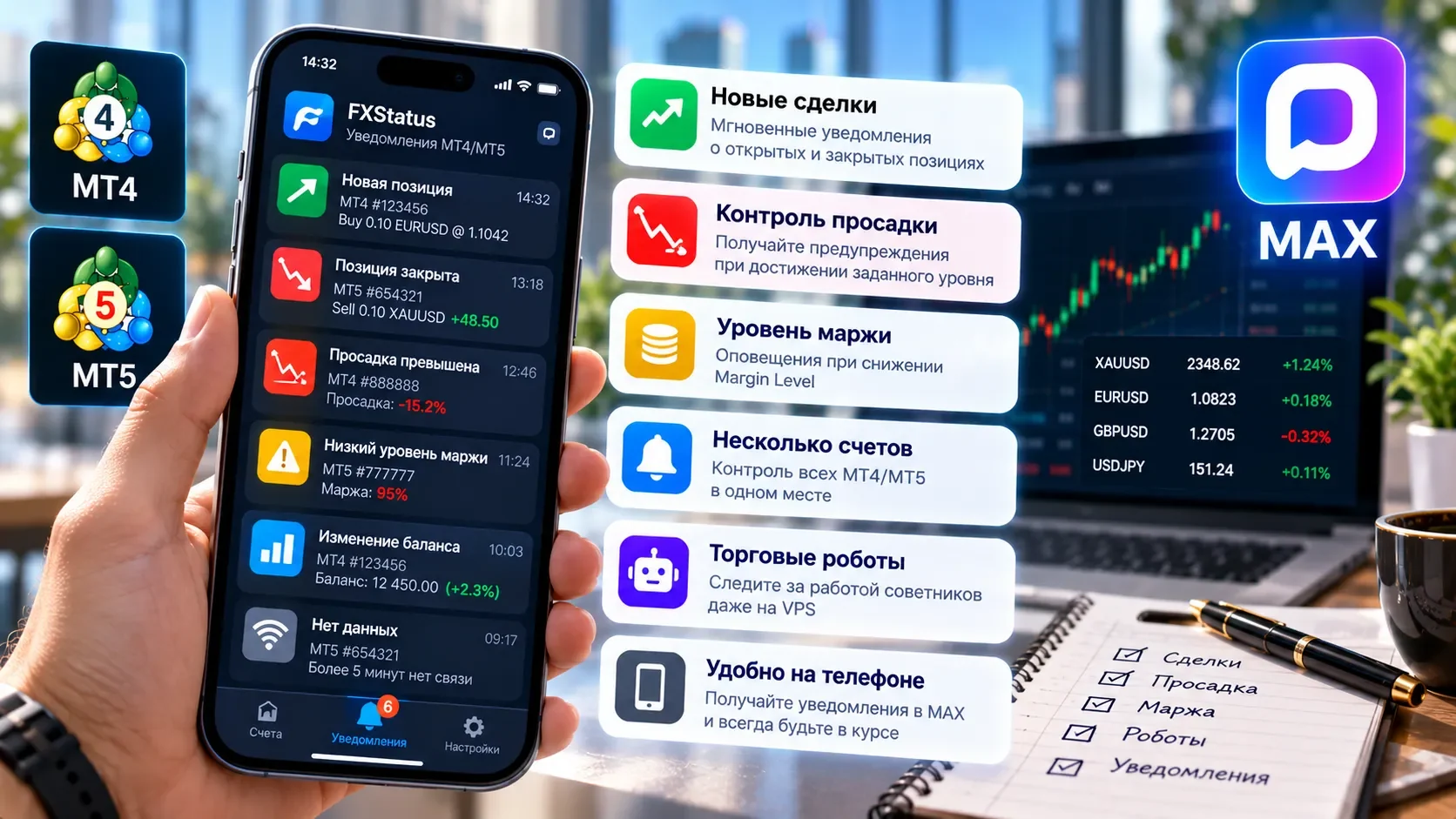 Уведомления MT4 MT5 на телефон о сделках Forex через FXStatus