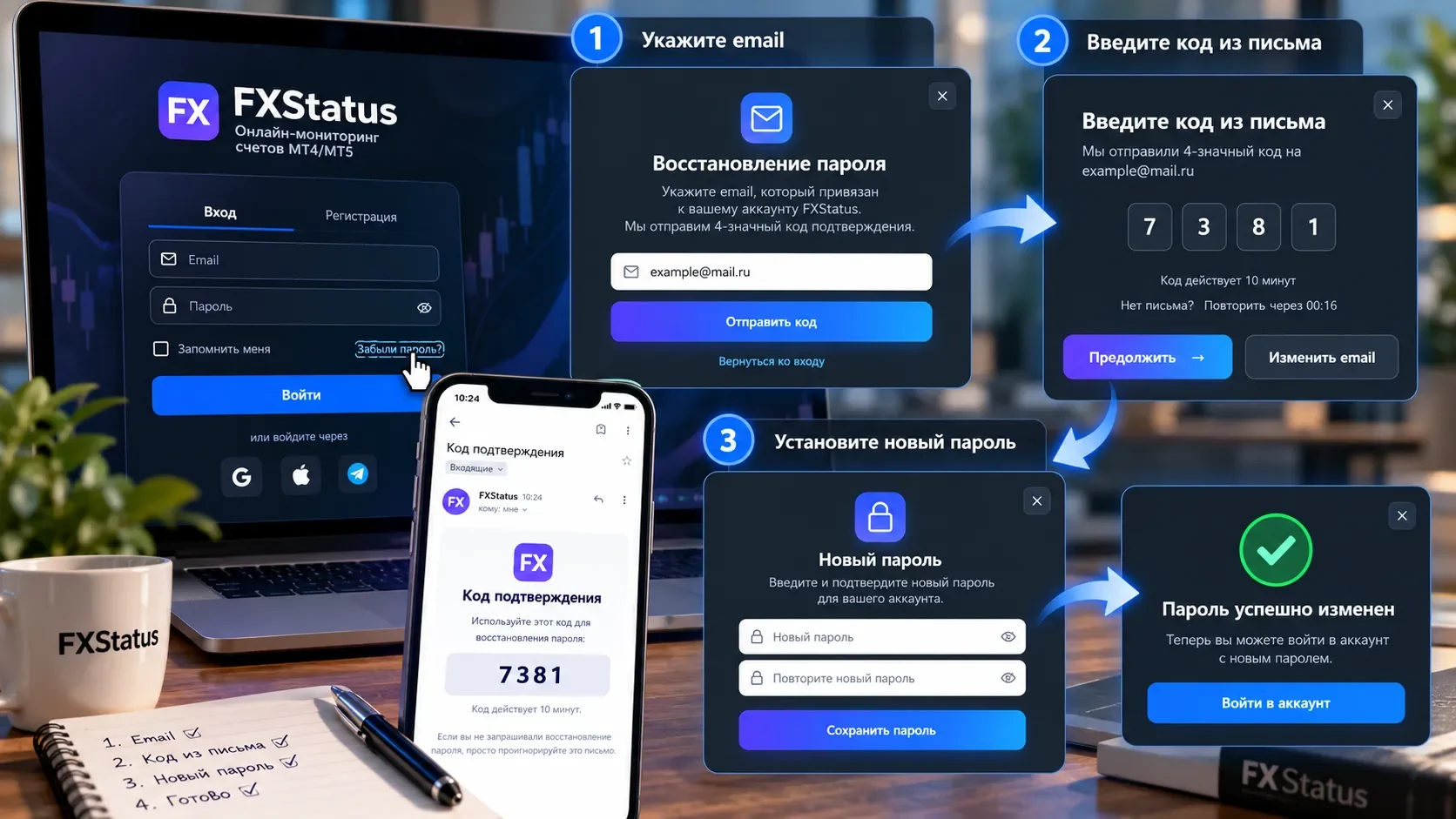 Восстановление пароля FXStatus по email и коду подтверждения