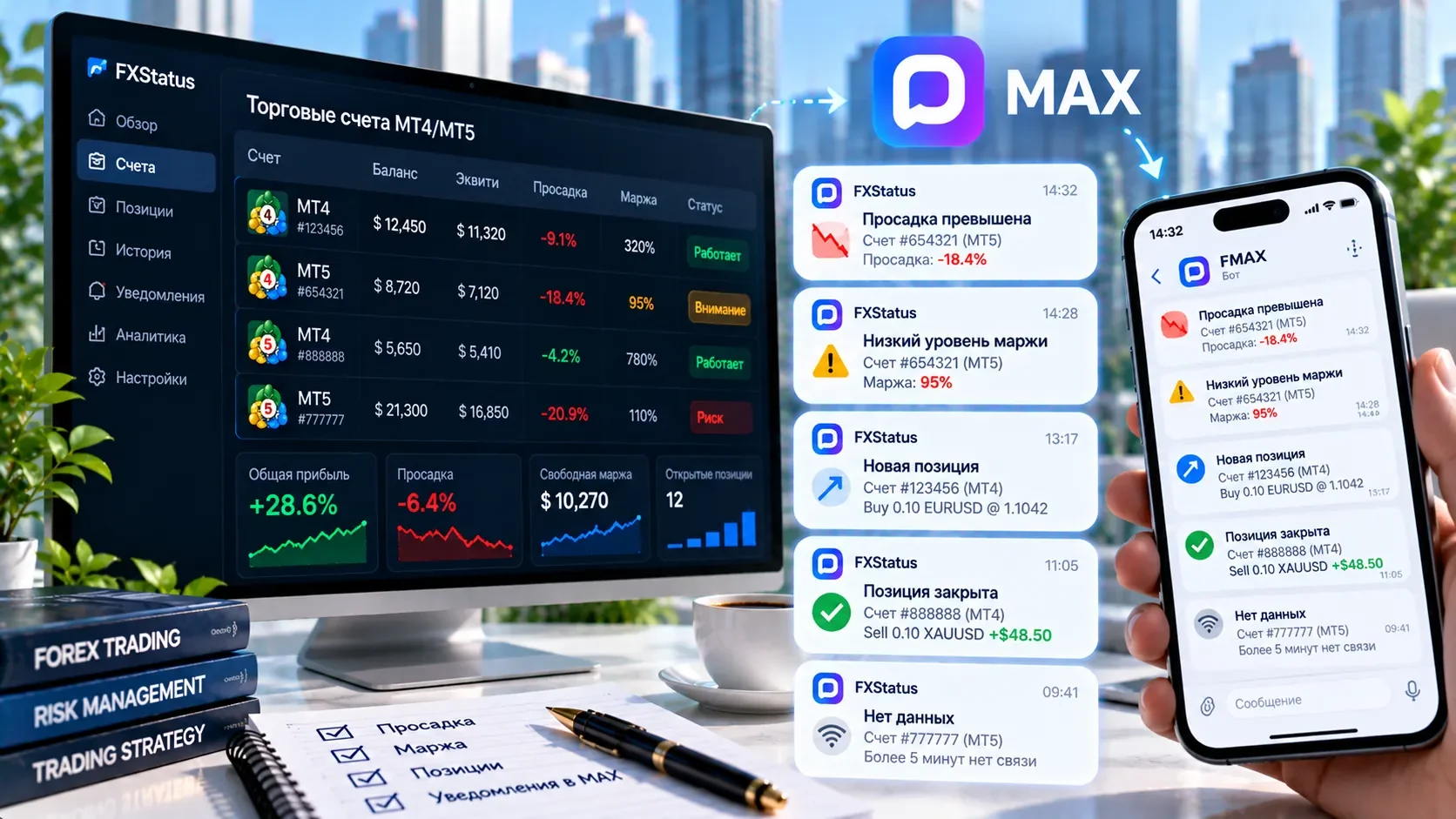Уведомления о просадке и марже Forex MT4 MT5 в MAX через FXStatus